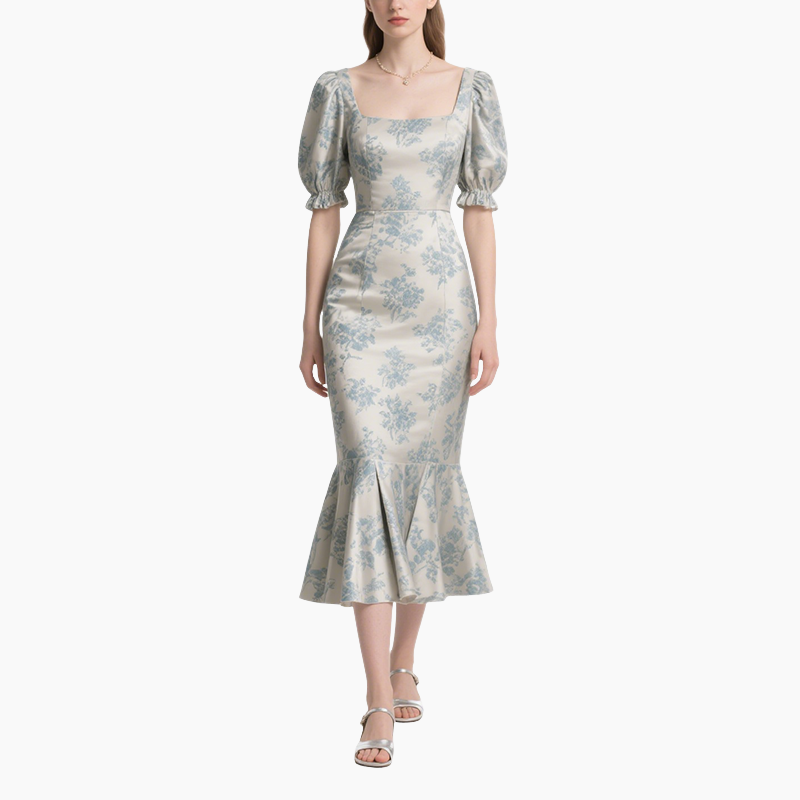 Elegant Printed Mid-Length Puff Sleeve Dress for Women