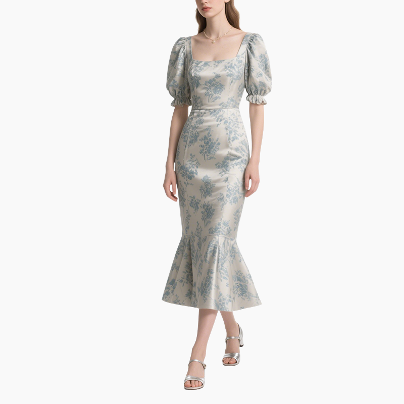 Elegant Printed Mid-Length Puff Sleeve Dress for Women
