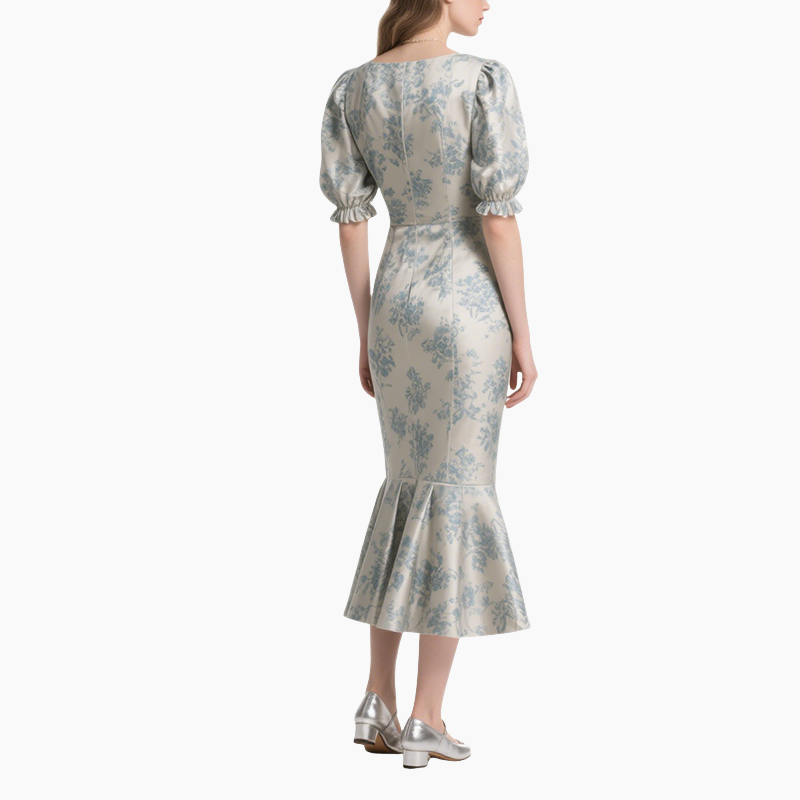 Elegant Printed Mid-Length Puff Sleeve Dress for Women