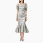 Elegant Printed Mid-Length Puff Sleeve Dress for Women