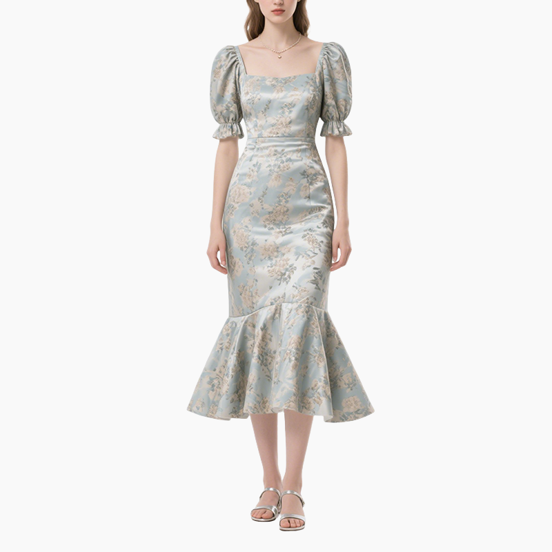 Elegant Printed Mid-Length Puff Sleeve Dress for Women