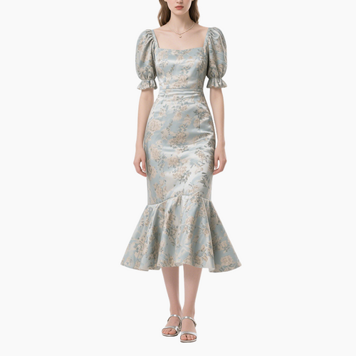 Elegant Printed Mid-Length Puff Sleeve Dress for Women