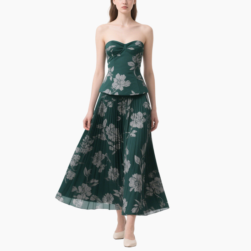 Floral Wrap Bustier Top & Pleated Midi Skirt Set Vintage Elegant