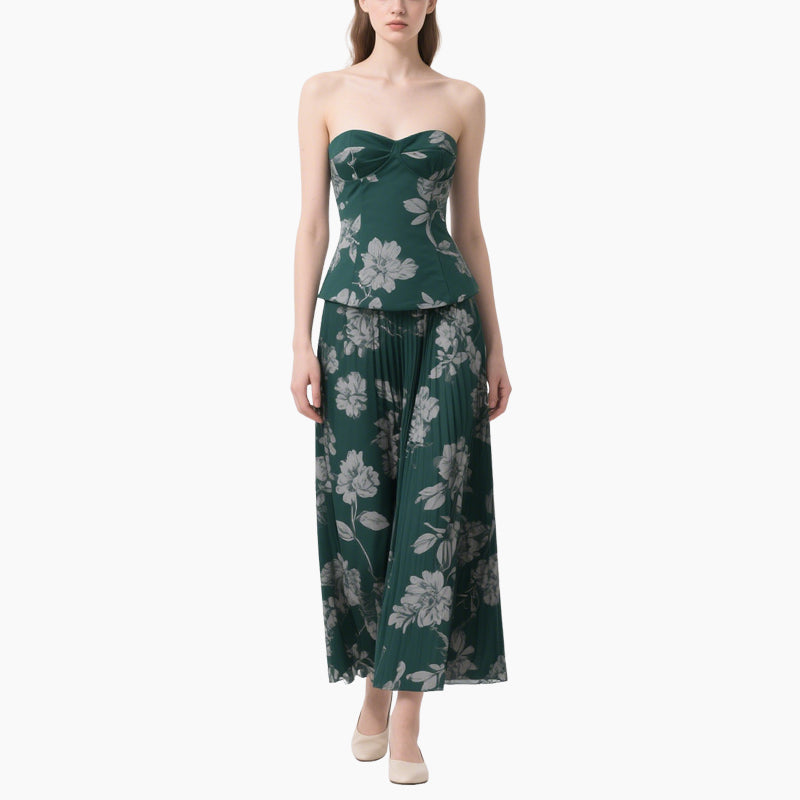 Floral Wrap Bustier Top & Pleated Midi Skirt Set Vintage Elegant