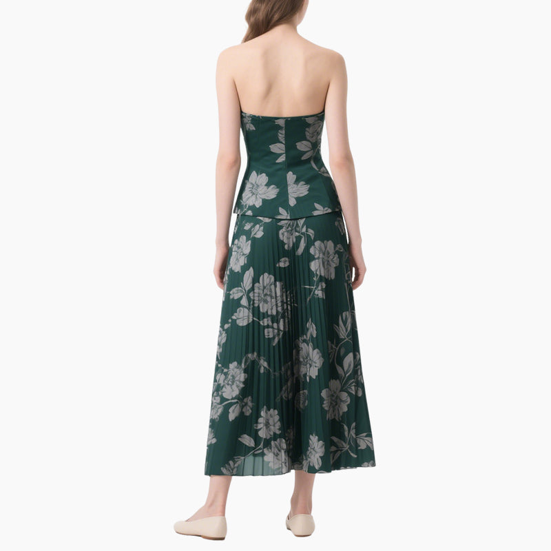 Floral Wrap Bustier Top & Pleated Midi Skirt Set Vintage Elegant