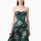 Floral Wrap Bustier Top & Pleated Midi Skirt Set Vintage Elegant