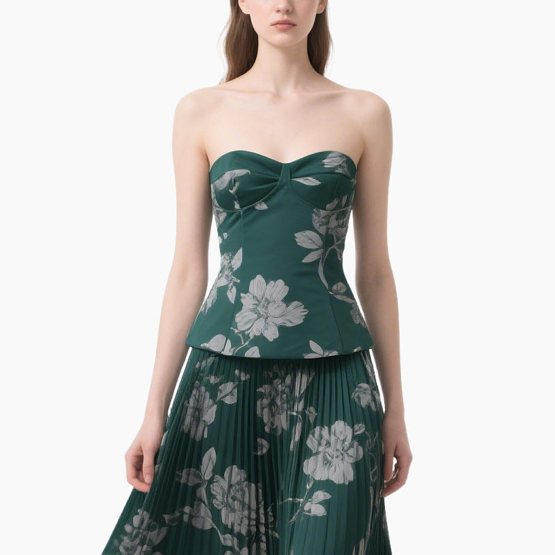 Floral Wrap Bustier Top & Pleated Midi Skirt Set Vintage Elegant
