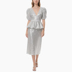 Silver Sequin V-Neck Ruffled Peplum Set