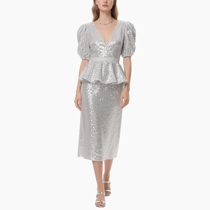 Silver Sequin V-Neck Ruffled Peplum Set