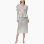 Silver Sequin V-Neck Ruffled Peplum Set