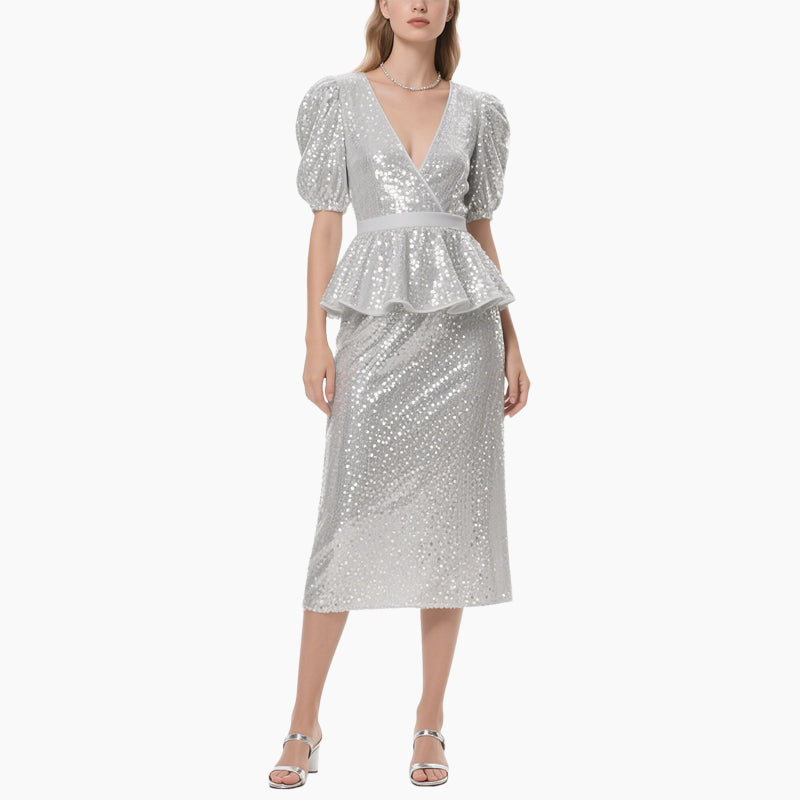 Silver Sequin V-Neck Ruffled Peplum Set
