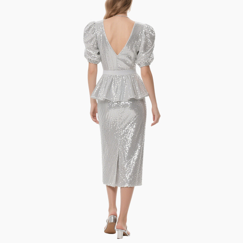 Silver Sequin V-Neck Ruffled Peplum Set