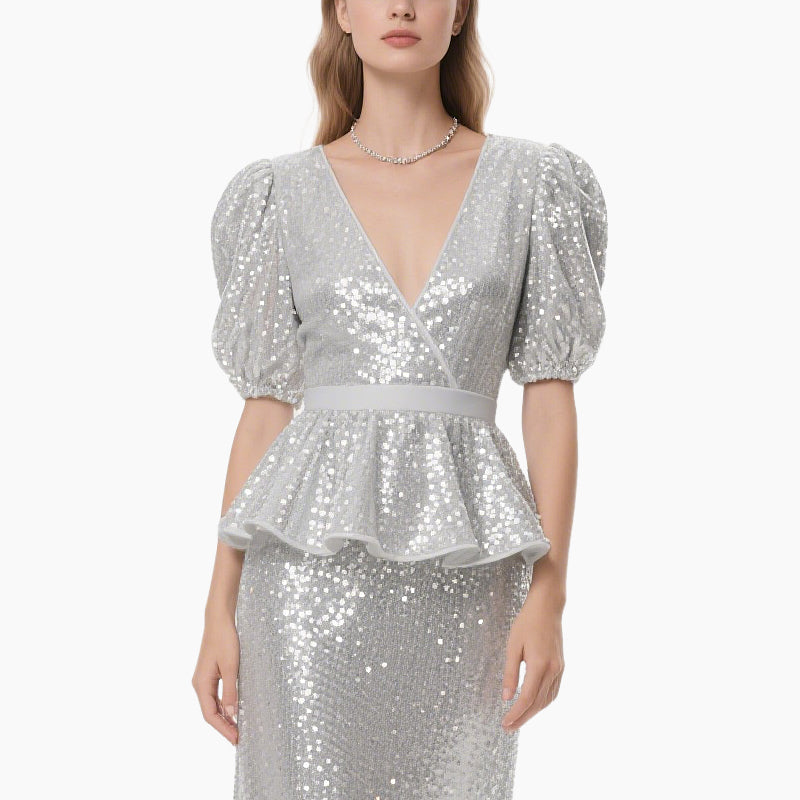 Silver Sequin V-Neck Ruffled Peplum Set