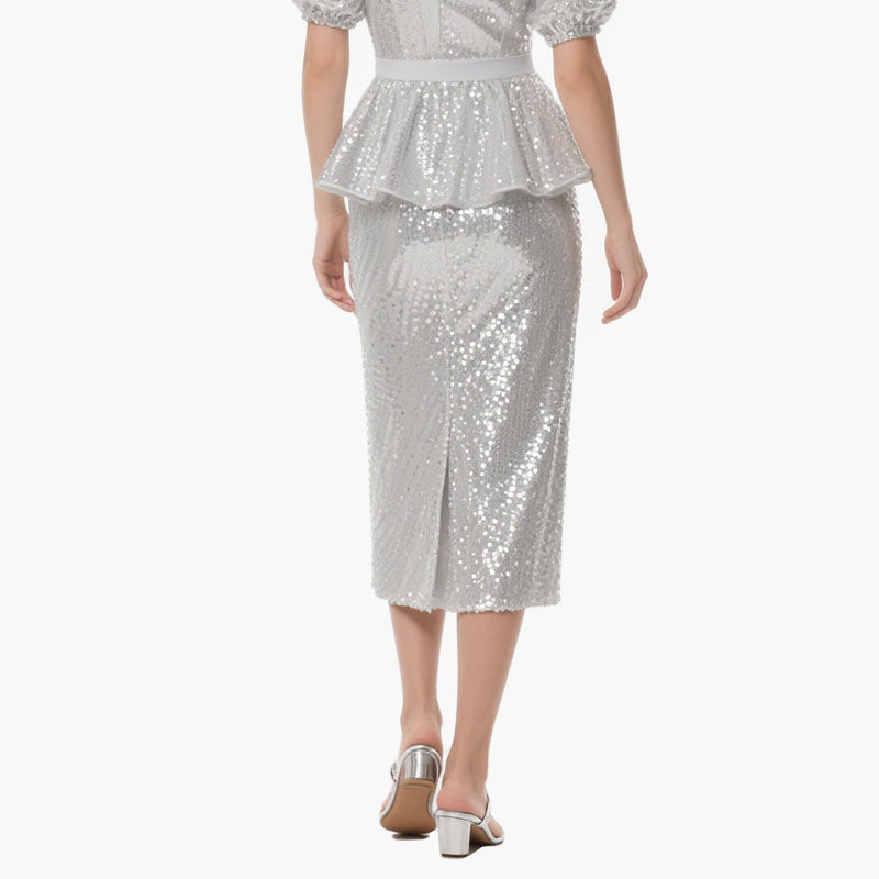 Silver Sequin V-Neck Ruffled Peplum Set