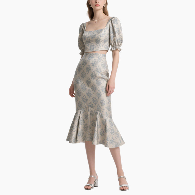 Women's Floral Two-Piece Set Elegant Square Neck Top & Mermaid Skirt