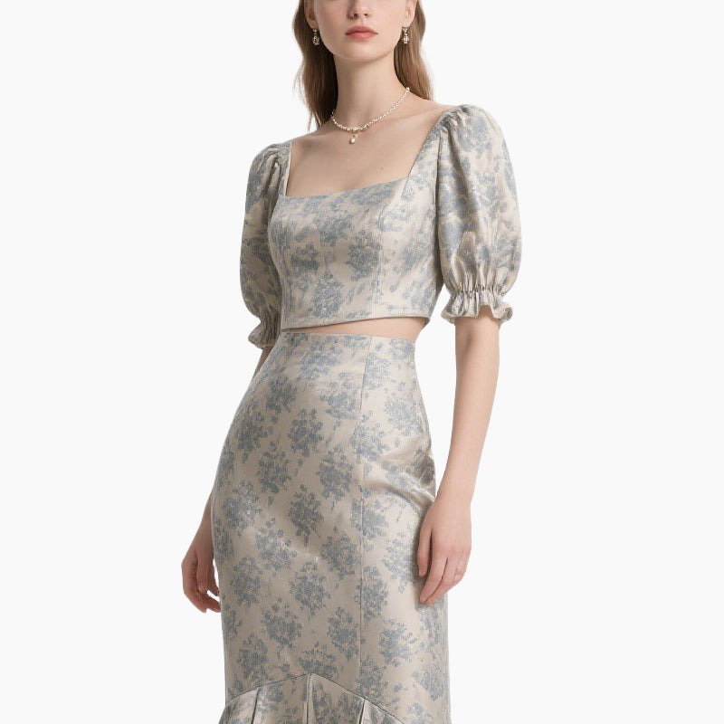 Women's Floral Two-Piece Set Elegant Square Neck Top & Mermaid Skirt