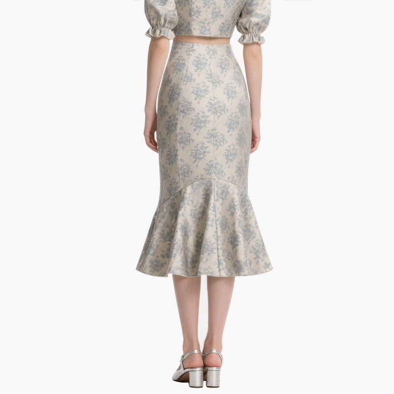 Women's Floral Two-Piece Set Elegant Square Neck Top & Mermaid Skirt