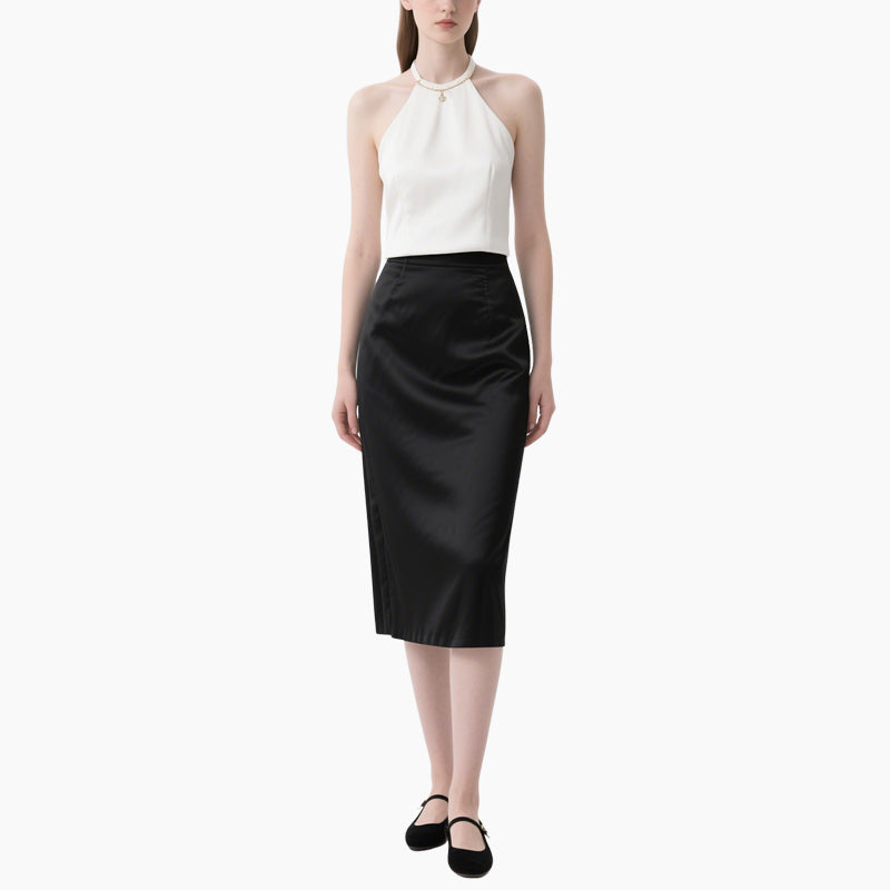 Women's Elegant White Halter Neck Top & Black Pencil Skirt 2-Piece Set