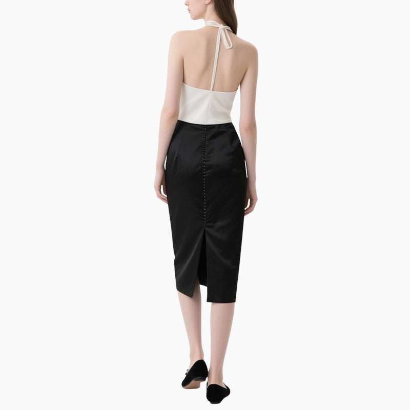 Women's Elegant White Halter Neck Top & Black Pencil Skirt 2-Piece Set