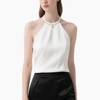 Women's Elegant White Halter Neck Top & Black Pencil Skirt 2-Piece Set
