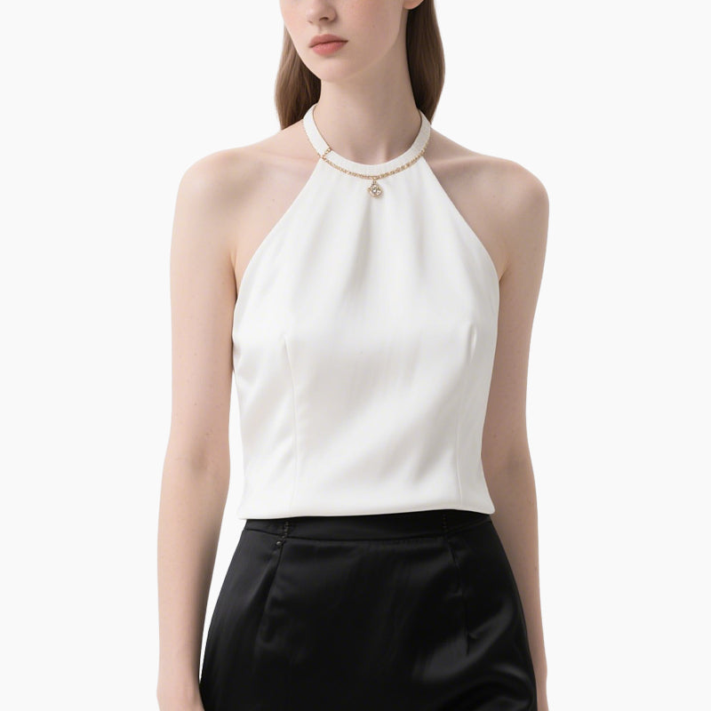 Women's Elegant White Halter Neck Top & Black Pencil Skirt 2-Piece Set