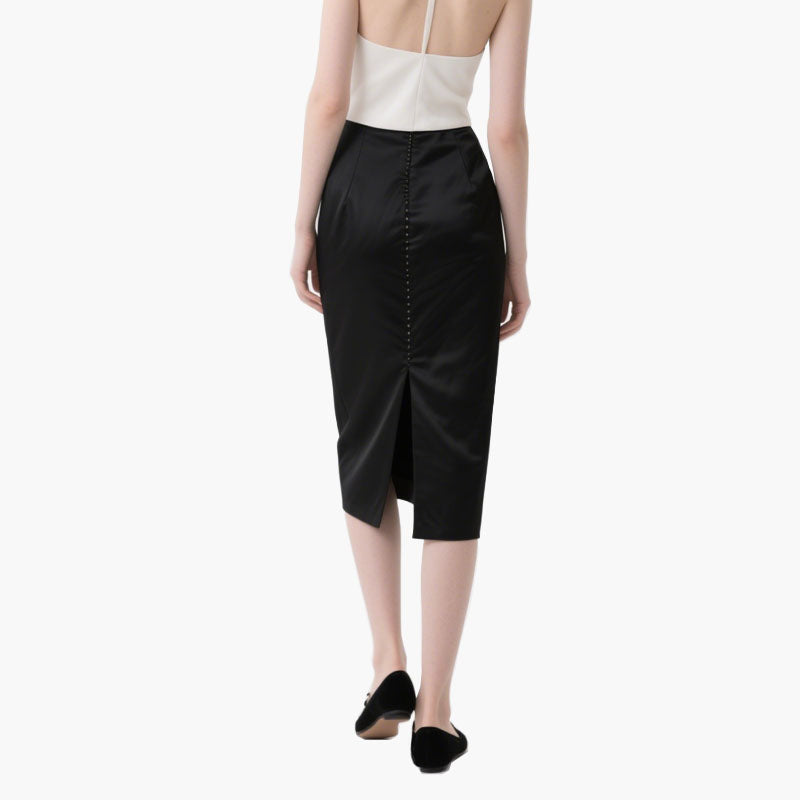 Women's Elegant White Halter Neck Top & Black Pencil Skirt 2-Piece Set