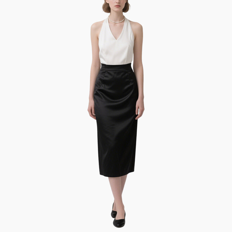 Women's Classic Black & White Two-Piece Set Wrap Cami Top & Pencil Skirt