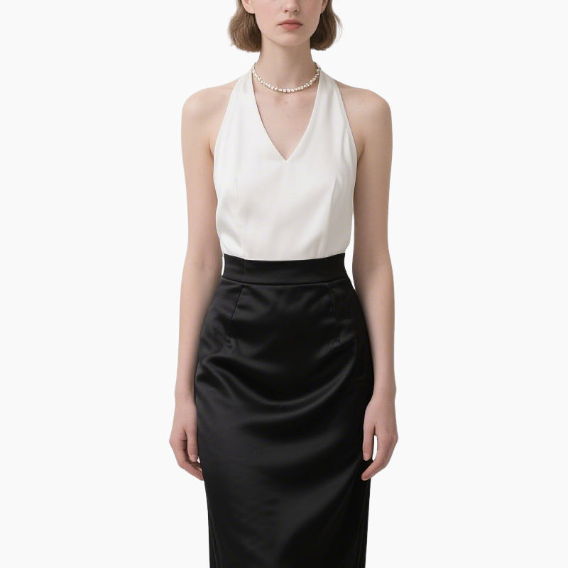 Women's Classic Black & White Two-Piece Set Wrap Cami Top & Pencil Skirt