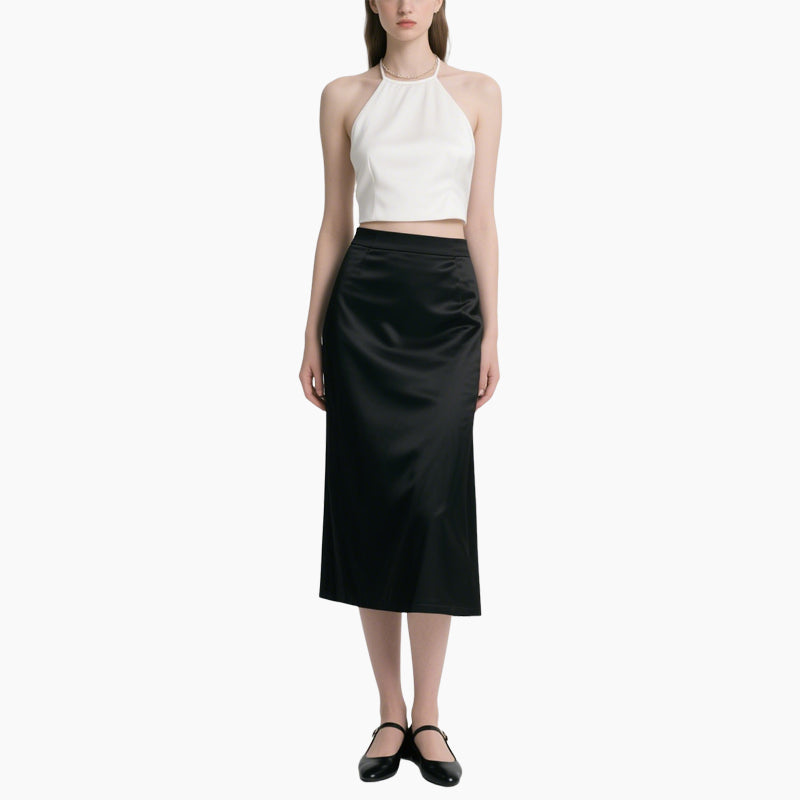 Chic White Halter Top & Black Satin Skirt Set Elegant Evening Outfit