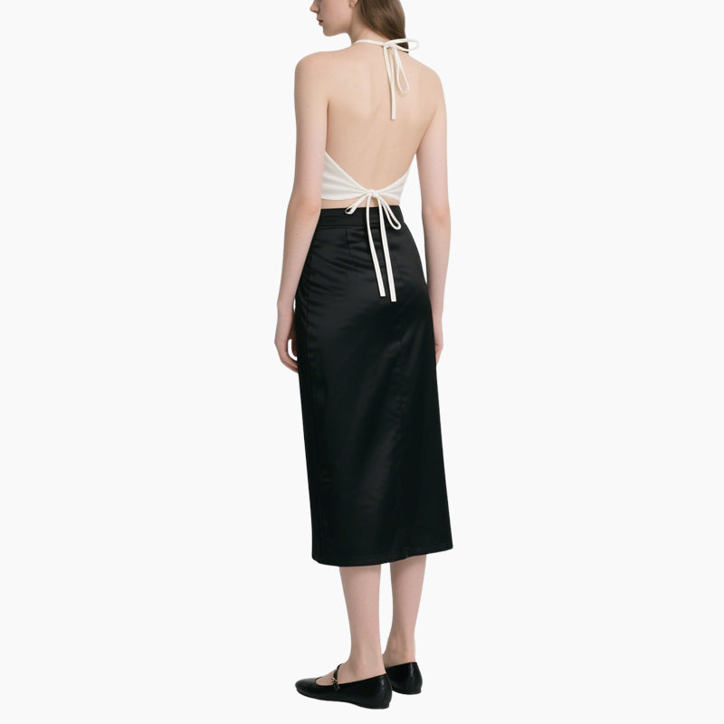 Chic White Halter Top & Black Satin Skirt Set Elegant Evening Outfit