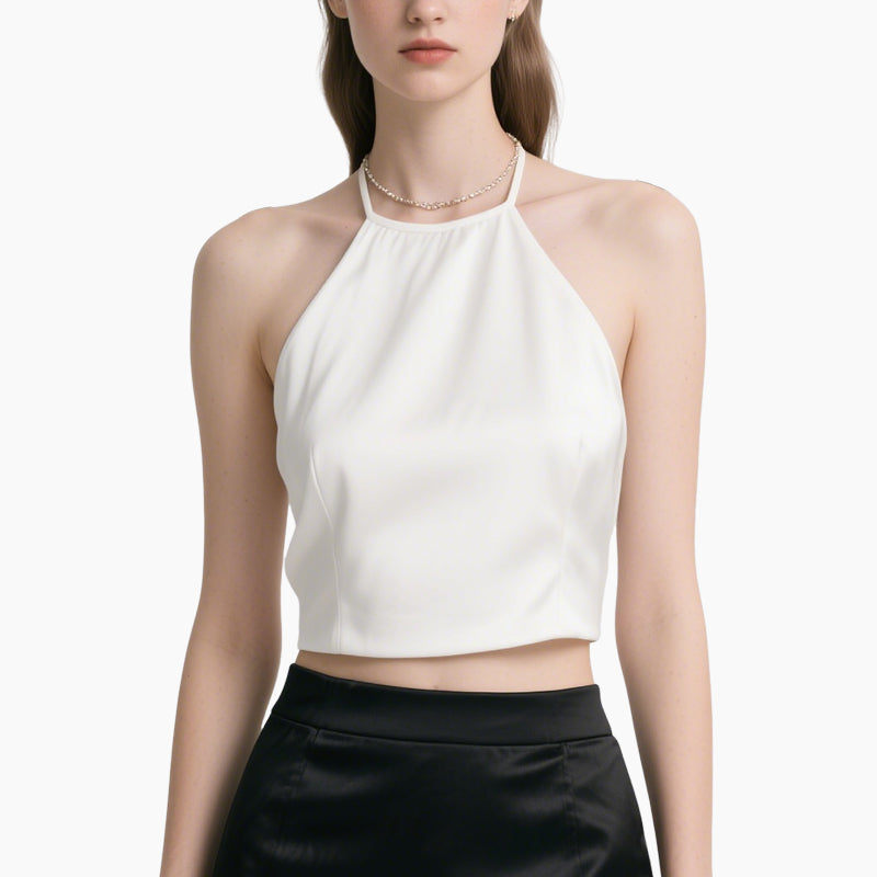 Chic White Halter Top & Black Satin Skirt Set Elegant Evening Outfit