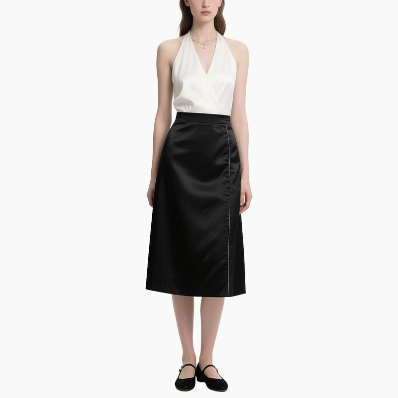 Elegant Halter Top & Black Satin Skirt Two-Piece Set