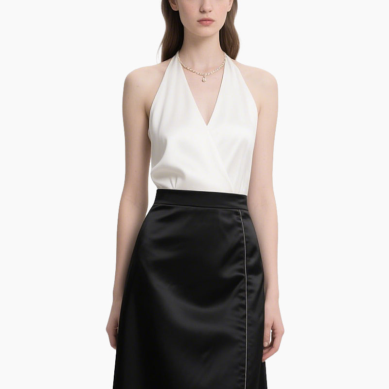 Elegant Halter Top & Black Satin Skirt Two-Piece Set