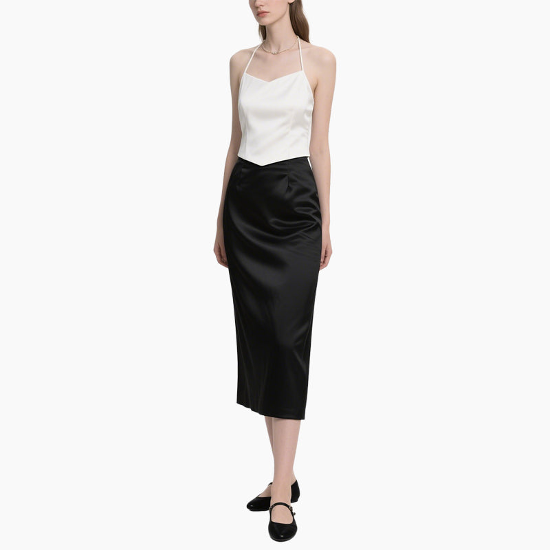 Elegant Women's White Satin Cami Top & Black Matte Wrap Skirt Set