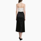 Elegant Women's White Satin Cami Top & Black Matte Wrap Skirt Set