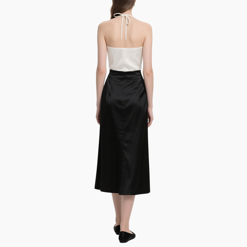 Elegant Women's White Satin Cami Top & Black Matte Wrap Skirt Set