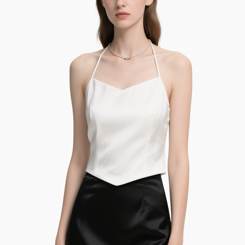 Elegant Women's White Satin Cami Top & Black Matte Wrap Skirt Set