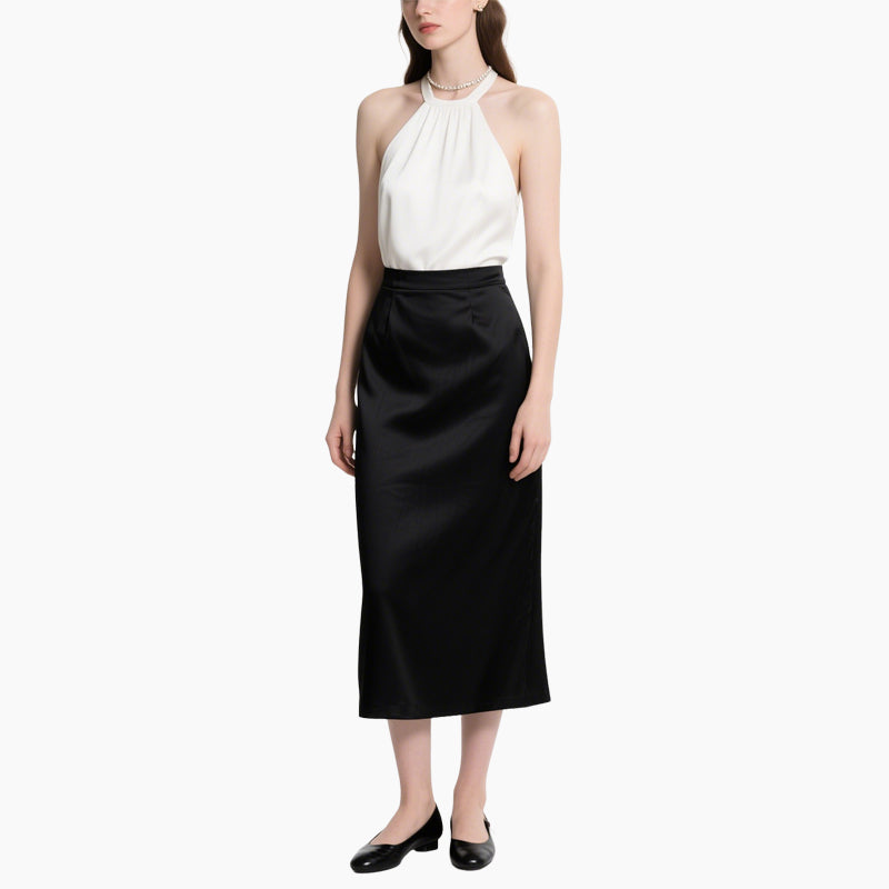 Off-shoulder Top & High-waisted Skirt Contrast Color Elegant 2-Piece Set