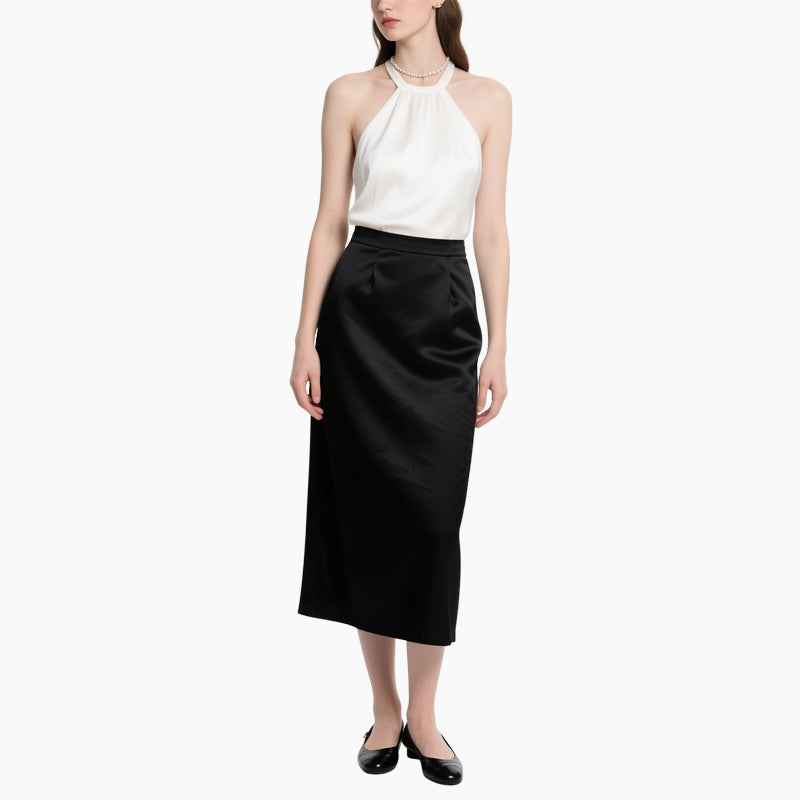 Off-shoulder Top & High-waisted Skirt Contrast Color Elegant 2-Piece Set