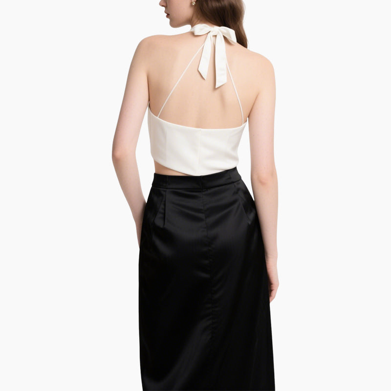 Off-shoulder Top & High-waisted Skirt Contrast Color Elegant 2-Piece Set