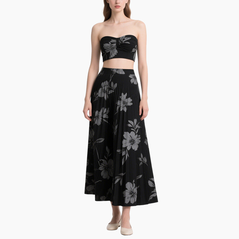 Elegant Floral Crop Top & Pleated Maxi Skirt Set Women's Summer 2-Piece Outfit