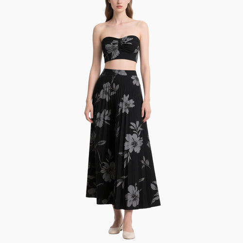 Elegant Floral Crop Top & Pleated Maxi Skirt Set Women's Summer 2-Piece Outfit
