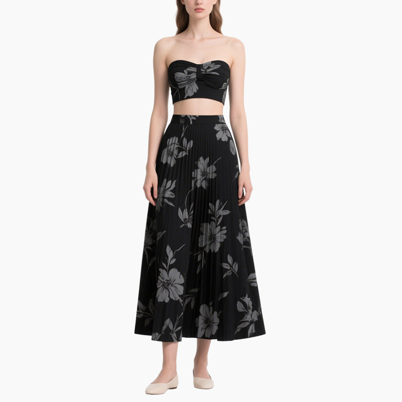 Elegant Floral Crop Top & Pleated Maxi Skirt Set Women's Summer 2-Piece Outfit