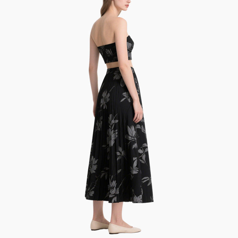 Elegant Floral Crop Top & Pleated Maxi Skirt Set Women's Summer 2-Piece Outfit