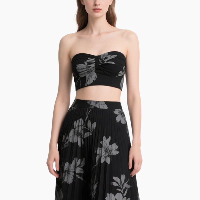 Elegant Floral Crop Top & Pleated Maxi Skirt Set Women's Summer 2-Piece Outfit