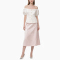 Elegant Women's Off-shoulder Blouse with Pearl Buttons & Floral Lace Skirt Set