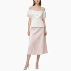 Elegant Women's Off-shoulder Blouse with Pearl Buttons & Floral Lace Skirt Set
