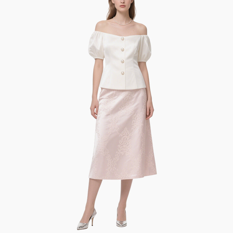 Elegant Women's Off-shoulder Blouse with Pearl Buttons & Floral Lace Skirt Set