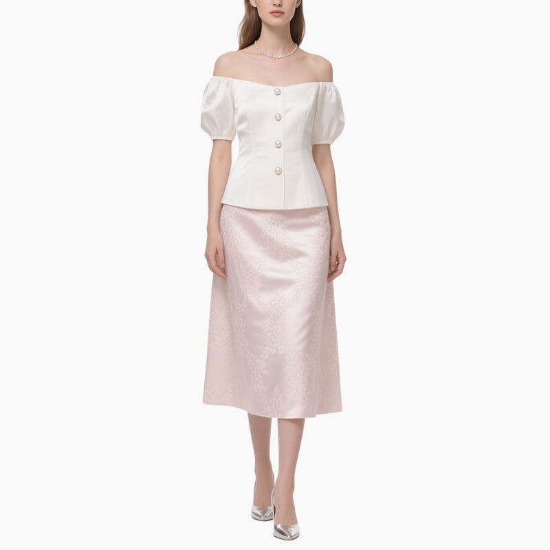 Elegant Women's Off-shoulder Blouse with Pearl Buttons & Floral Lace Skirt Set