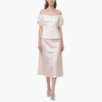 Elegant Women's Off-shoulder Blouse with Pearl Buttons & Floral Lace Skirt Set